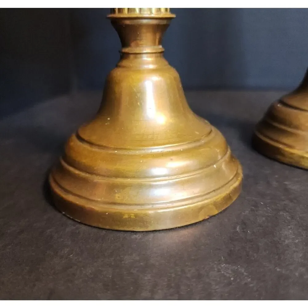 Pair of Antique Brass Candlesticks, Copper Weighted, Column Fluted 8.5
